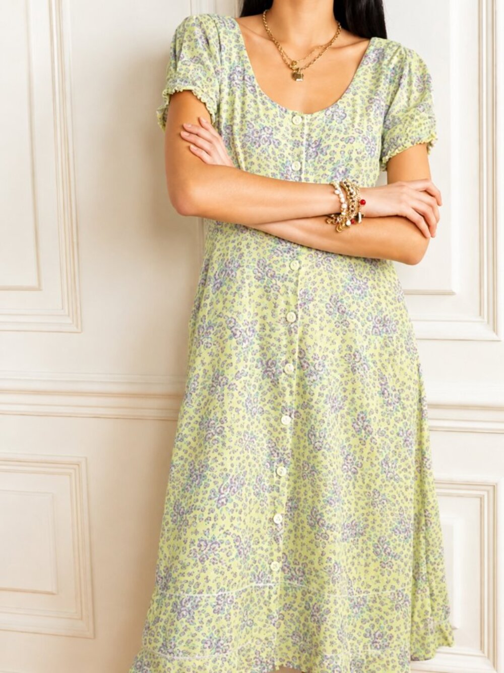 LoveShackFancy Floral Midi Dress Size 4 Yellow Purple Cottagecore Cotton